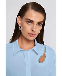 Elle Collection Women's Rhinestone Trim Cutout Shirt Button Down Top
