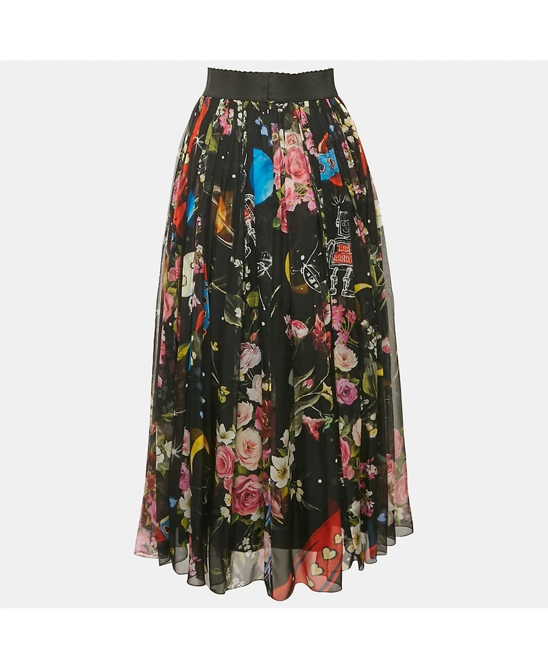 Pre-Owned Dolce & Gabbana Women's Black Printed Silk Midi Skirt