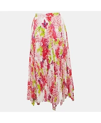Pre-Owned Versace Women's Multicolor Floral Print Satin Pleated Asymmetric Midi Skirt