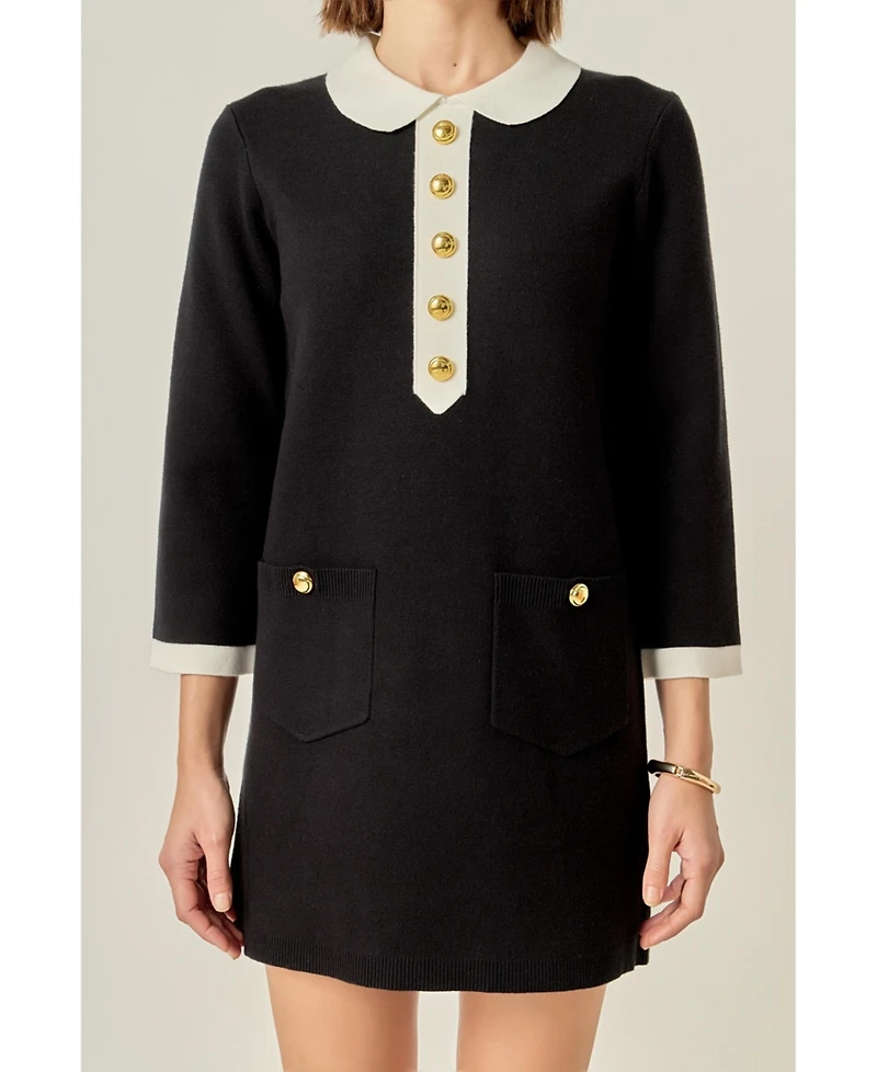 English Factory Women's Collar-Detail Combo Knit Mini Dress