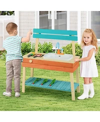 Costway Play Kitchen for Kids Wooden Toy Kitchen Playset with Wood Skewers Grill Rack