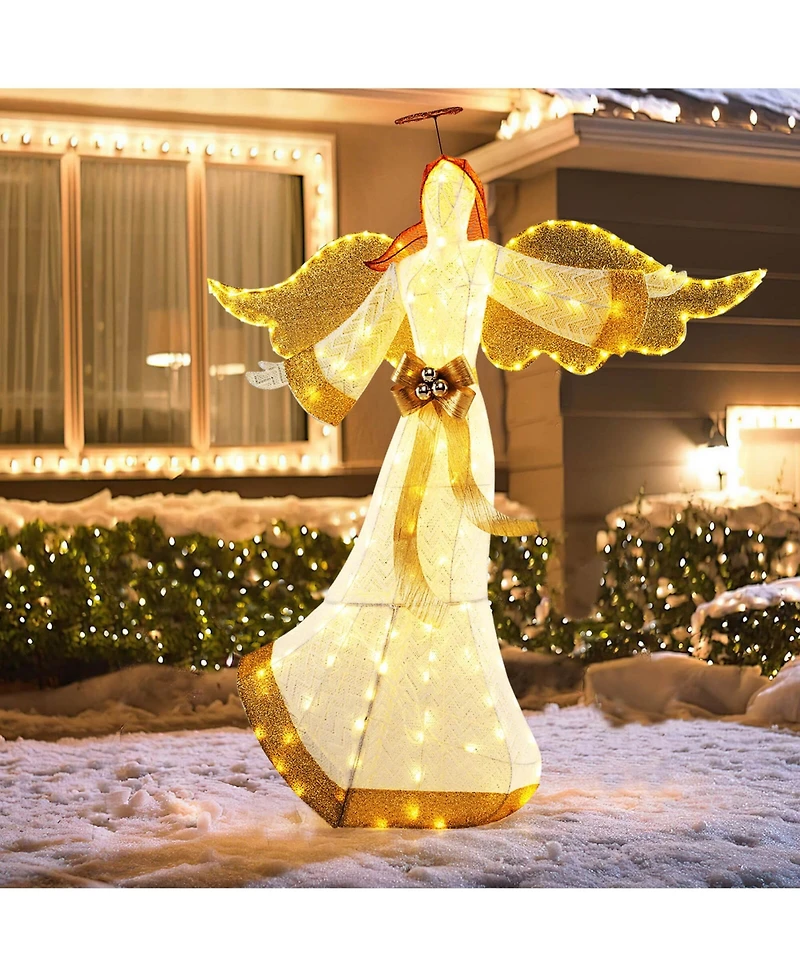 Costway 5.2 Ft Lighted Angel with Halo & Bow Zip Ties & Ground Stakes 180 Led Lights