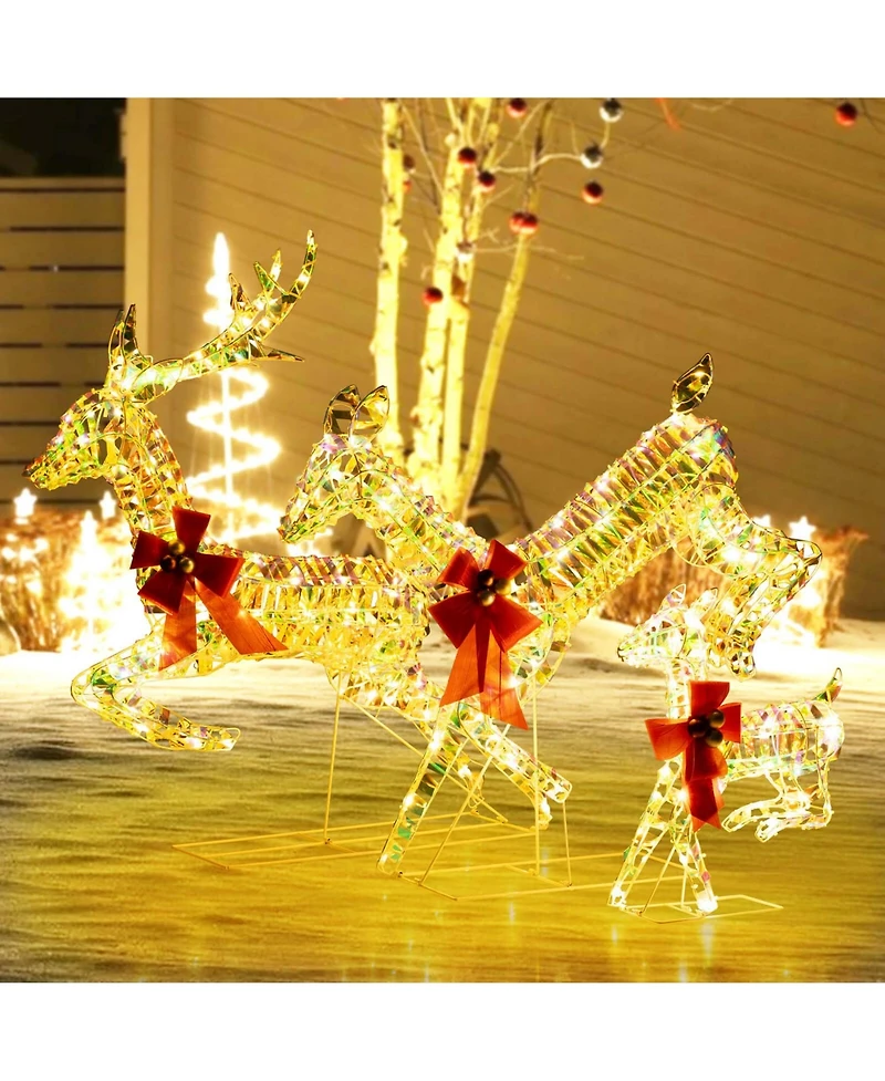 Christmas Lighted Reindeer with Led Lights and Red Bows Stakes