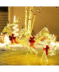 Christmas Lighted Reindeer with Led Lights and Red Bows Stakes