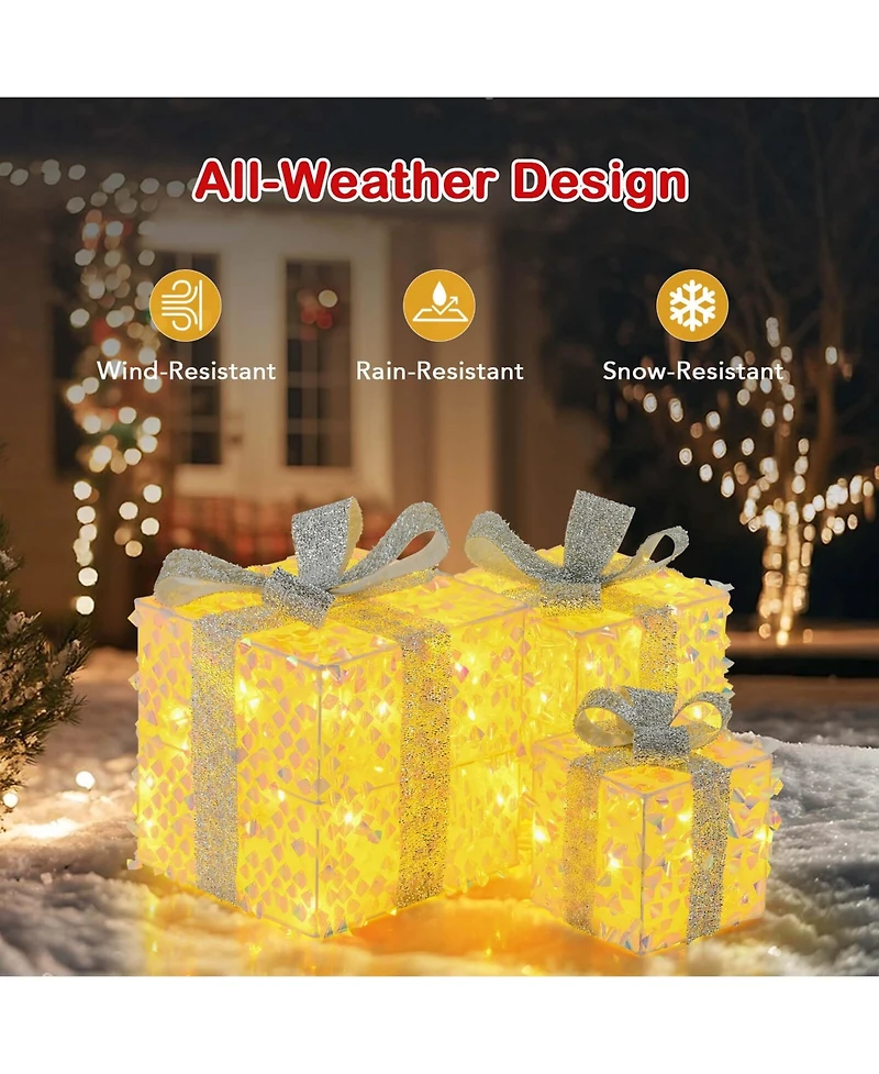 3 Pcs Christmas Lighted Gift Boxes with 90 Led Lights Zip Ties Ground Stakes