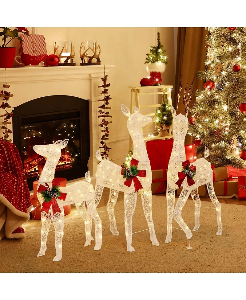Costway 3 Pcs Pre-lit Christmas Reindeer Family 3D Lighted Glitter Deer Xmas Decoration