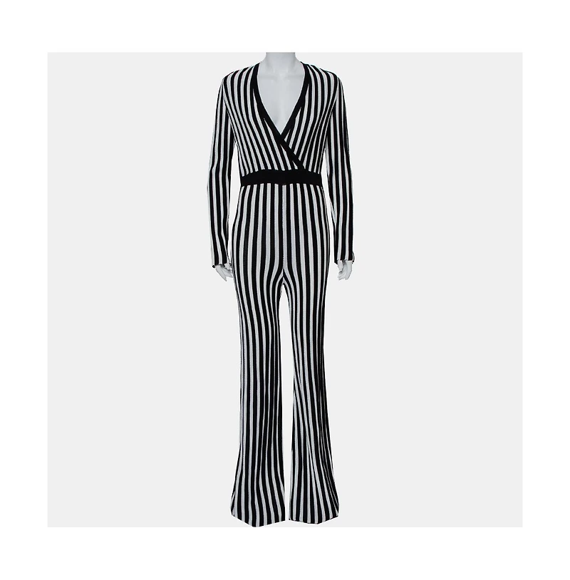Pre-Owned Balmain Women's Monochrome Striped Knit Faux Wrap Jumpsuit