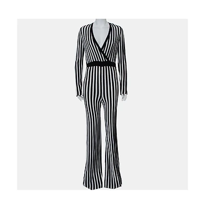 Pre-Owned Balmain Women's Monochrome Striped Knit Faux Wrap Jumpsuit