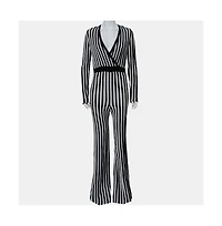 Pre-Owned Balmain Women's Monochrome Striped Knit Faux Wrap Jumpsuit