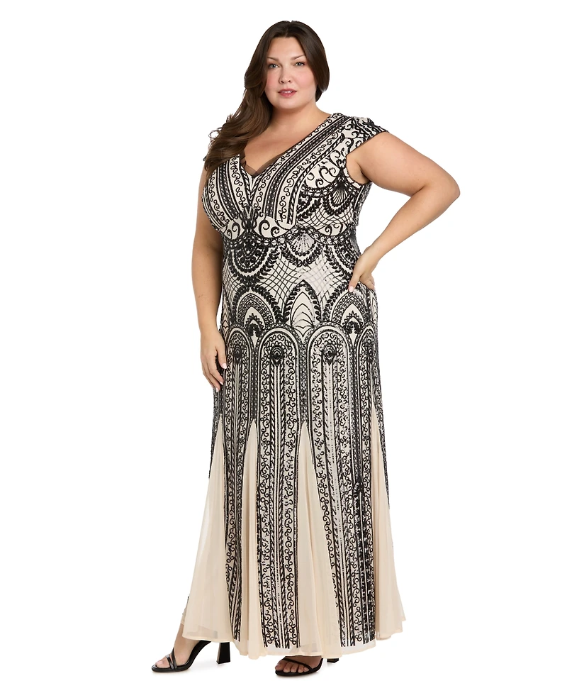R & M Richards Plus V-Neck Sequin Design Long Dress