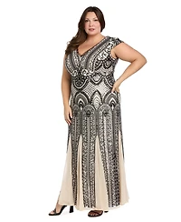 R & M Richards Plus V-Neck Sequin Design Long Dress