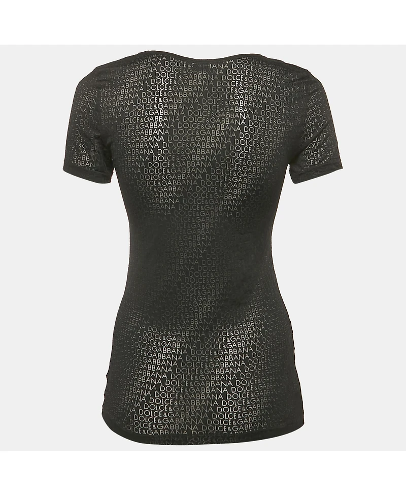 Pre-Owned Dolce & Gabbana Women's Black And Beige Dice Key Printed Silk Short Sleeve Top