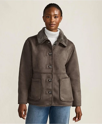 Lands' End Women's Reversible Shearling Fleece Button Front Coat