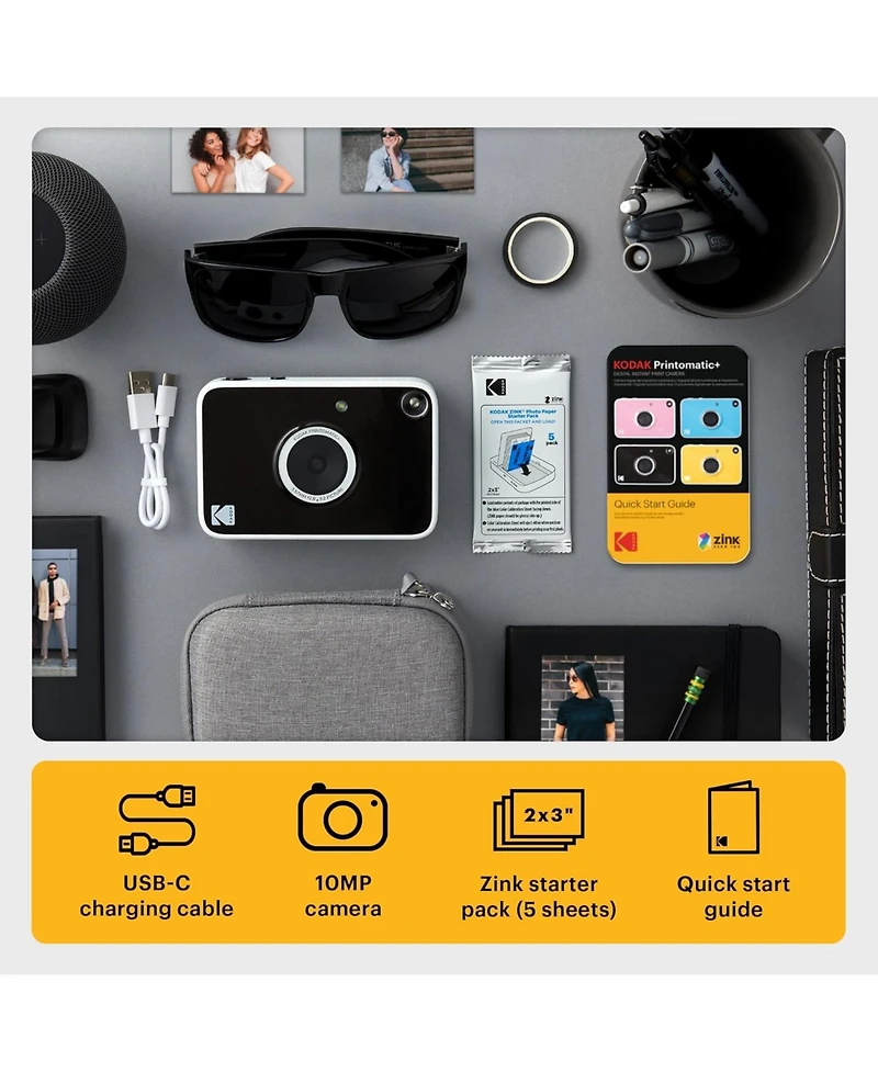 Kodak Printomatic+ Instant Camera Bundle (Yellow) 10MP w/ Pink Case & 20 Zink Paper