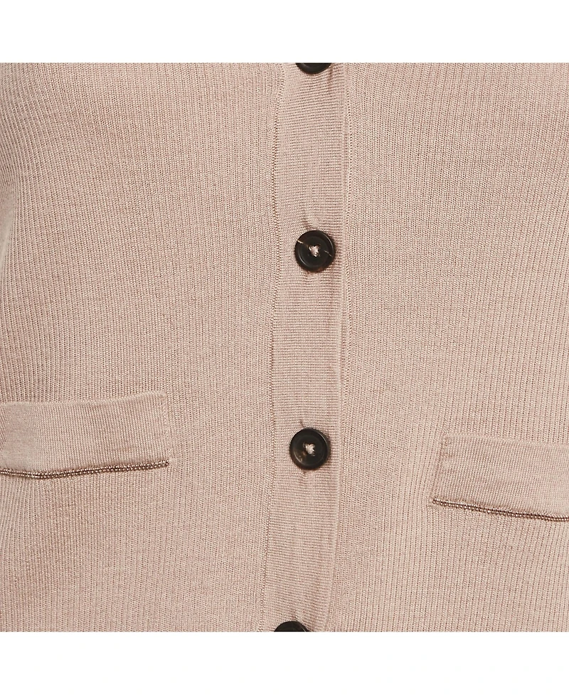 Pre-Owned Brunello Cucinelli Women's Beige Rib Knit Sleeveless Monili Bead Detail Cardigan