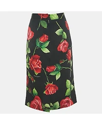 Pre-Owned Dolce & Gabbana Women's Black Rose Printed Silk Pencil Skirt