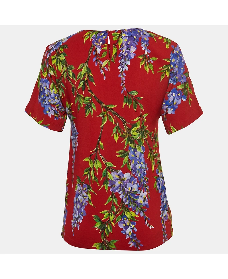 Pre-Owned Dolce & Gabbana Women's Red Floral Print Crepe Short Sleeve Blouse