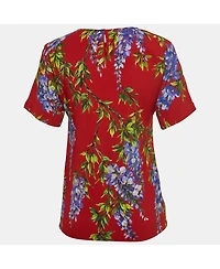 Pre-Owned Dolce & Gabbana Women's Red Floral Print Crepe Short Sleeve Blouse