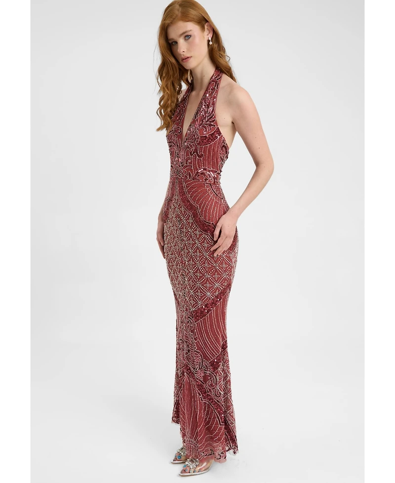 Beauut Women's Embellished Sequin Beaded Maxi Dress With Halter Neckline And Deep V-Cut Front