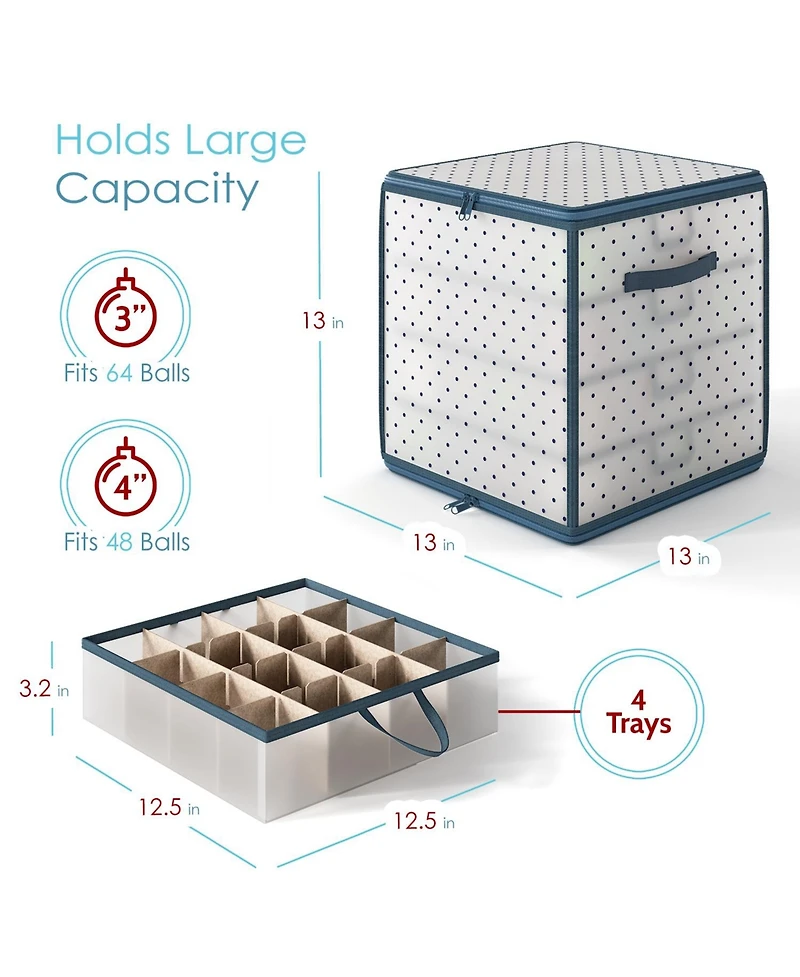Christmas Ornament Storage Box With 4 Inner Tray Dividers - Plastic Ornament Storage Container For 64 Holiday Ornaments or Decorations - 2 Pack