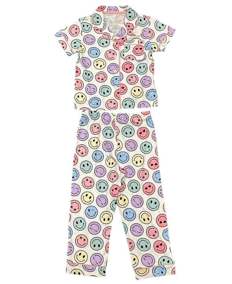 Tahari Girls 3-Piece Pajama Set with Short Sleeve Notch Collar Top, Elastic Waistband Pants, and Shorts Scrunchie