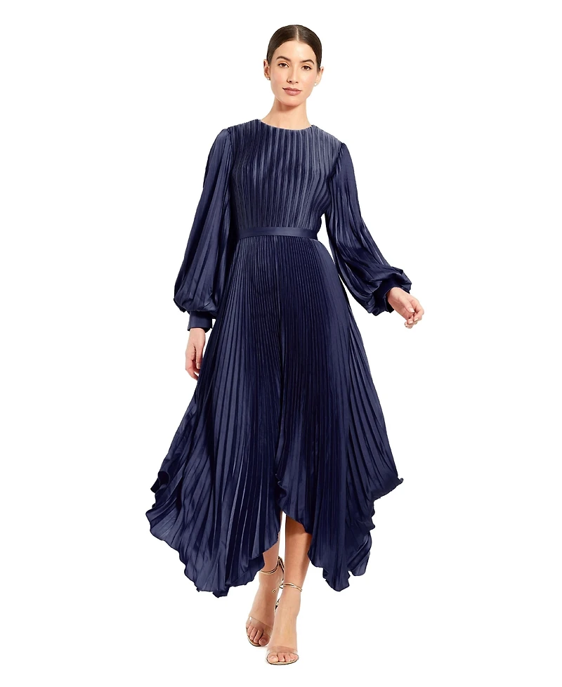 Mac Duggal Women's Long Sleeve Pleated Charmeuse Handkerchief Dress