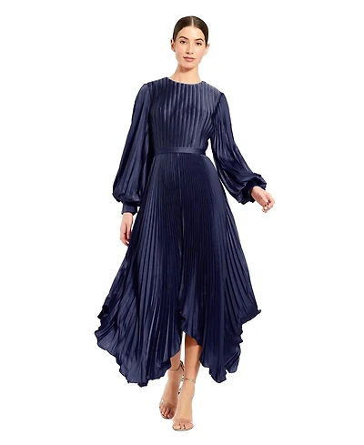 Mac Duggal Women's Long Sleeve Pleated Charmeuse Handkerchief Dress