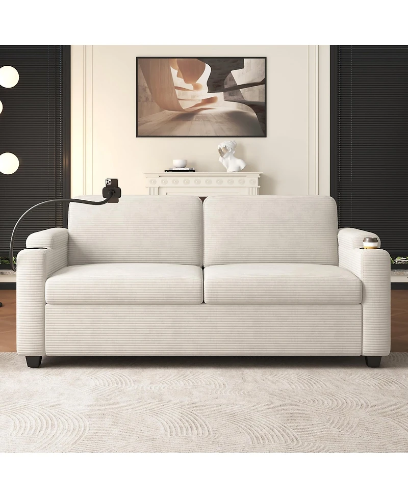 Boyel Living 72.8" Corduroy Sleeper Sofa Loveseat with Full Mattress, Two Usb Ports, Cup Holders, Side Pockets and a Phone Holder