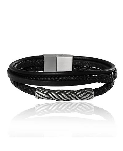Lucky Brand Men s Multi Row 8'' Leather Bracelet with Braided Barrel, Black