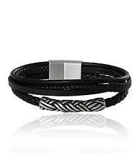 Lucky Brand Men s Multi Row 8'' Leather Bracelet with Braided Barrel, Black