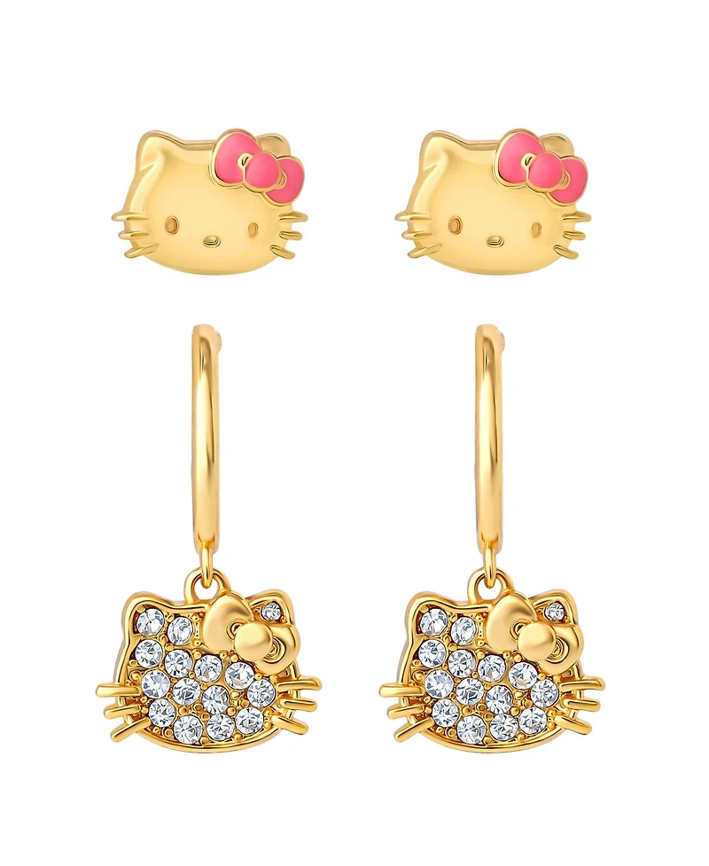 Hello Kitty Earring Set, 2-Pair, Gold-Tone Studs & Pave Dangle Hoops