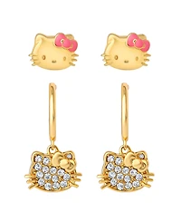 Hello Kitty Earring Set, 2-Pair, Gold-Tone Studs & Pave Dangle Hoops