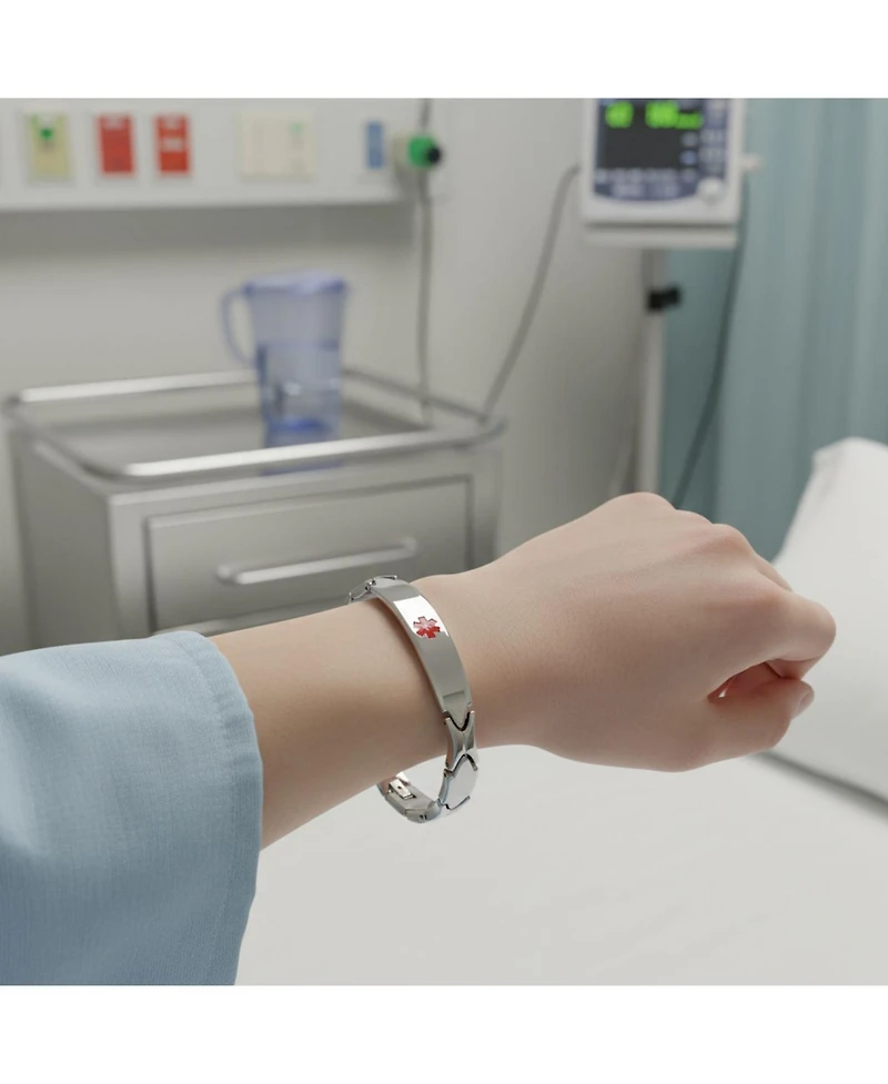 Bling Jewelry Set of 2 Leaf Shaped Link Chain Name Plated Red Id Alert Medical identification Bracelet Stainless Steel 7.5 Inch