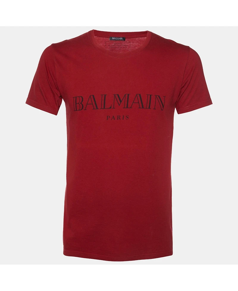 Pre-Owned Balmain Men's Red Logo Print Cotton Crew Neck T-Shirt