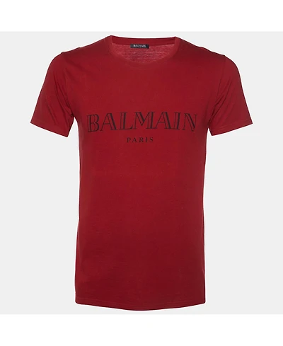 Pre-Owned Balmain Men's Red Logo Print Cotton Crew Neck T-Shirt
