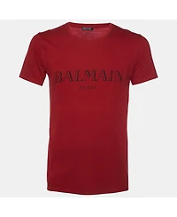 Pre-Owned Balmain Men's Red Logo Print Cotton Crew Neck T-Shirt
