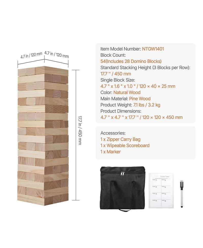 Hongge Wooden Tumbling Tower Game 54 Blocks Family Stacking Game