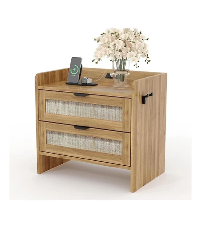gaomon Rattan Nightstand, Bedside Table with Type-c Charging Station - 2 Storage Drawer Space, Boho End Side Table, 1pcs