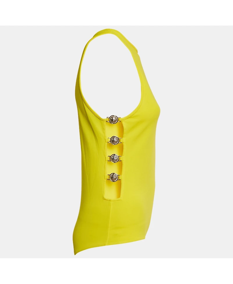 Pre-Owned Versace Women's Yellow Cut-Out Logo Detail Jersey Bodysuit