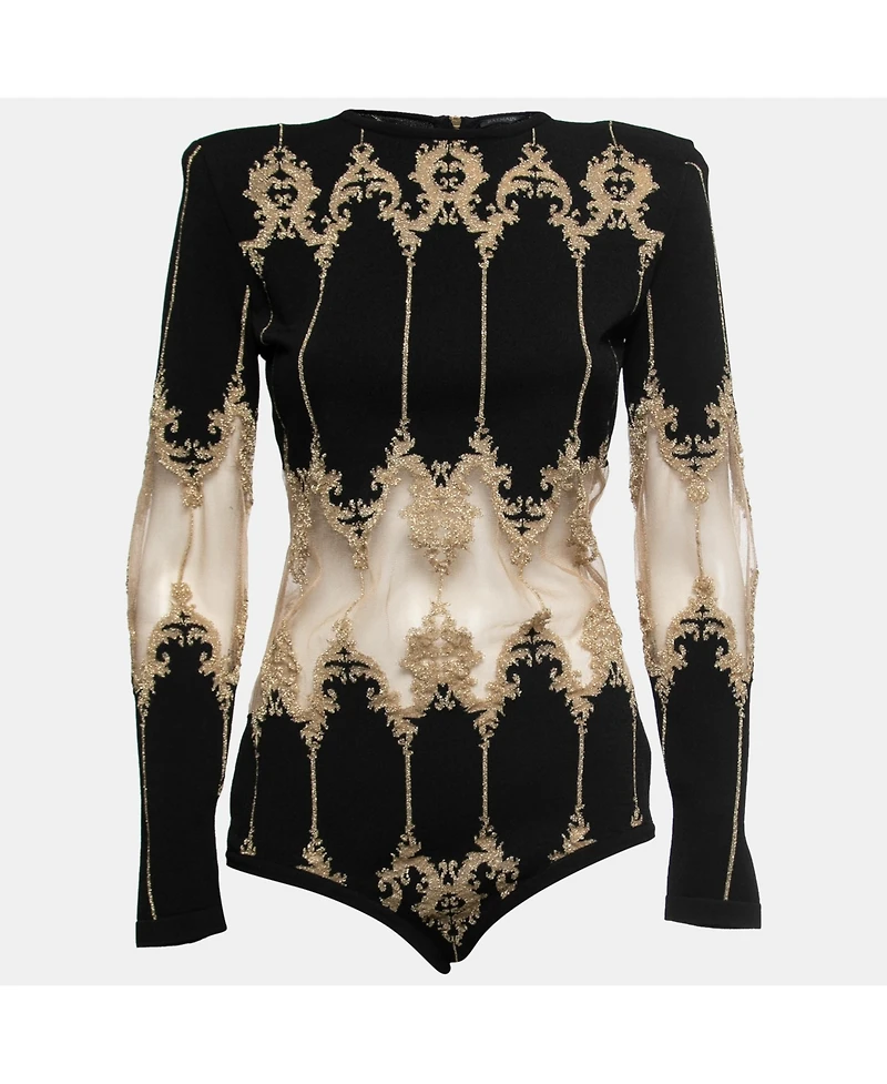 Pre-Owned Balmain Women's Black Stretch-Knit Metallic Tulle Paneled Bodysuit