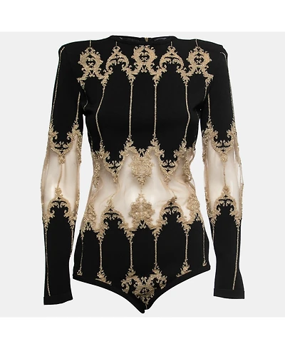 Pre-Owned Balmain Women's Black Stretch-Knit Metallic Tulle Paneled Bodysuit