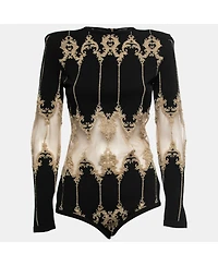 Pre-Owned Balmain Women's Black Stretch-Knit Metallic Tulle Paneled Bodysuit