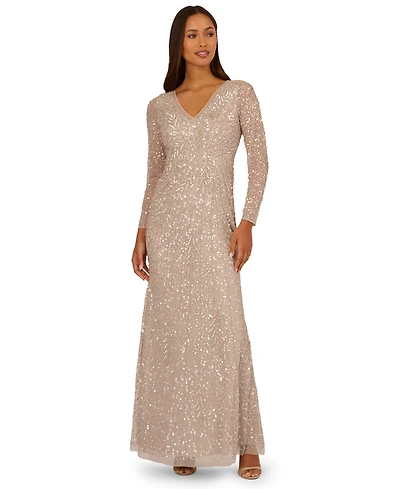 Adrianna Papell Women's Long-Sleeve Beaded Full-Length Gown