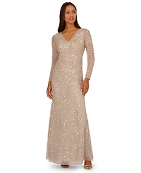 Adrianna Papell Women's Long-Sleeve Beaded Full-Length Gown