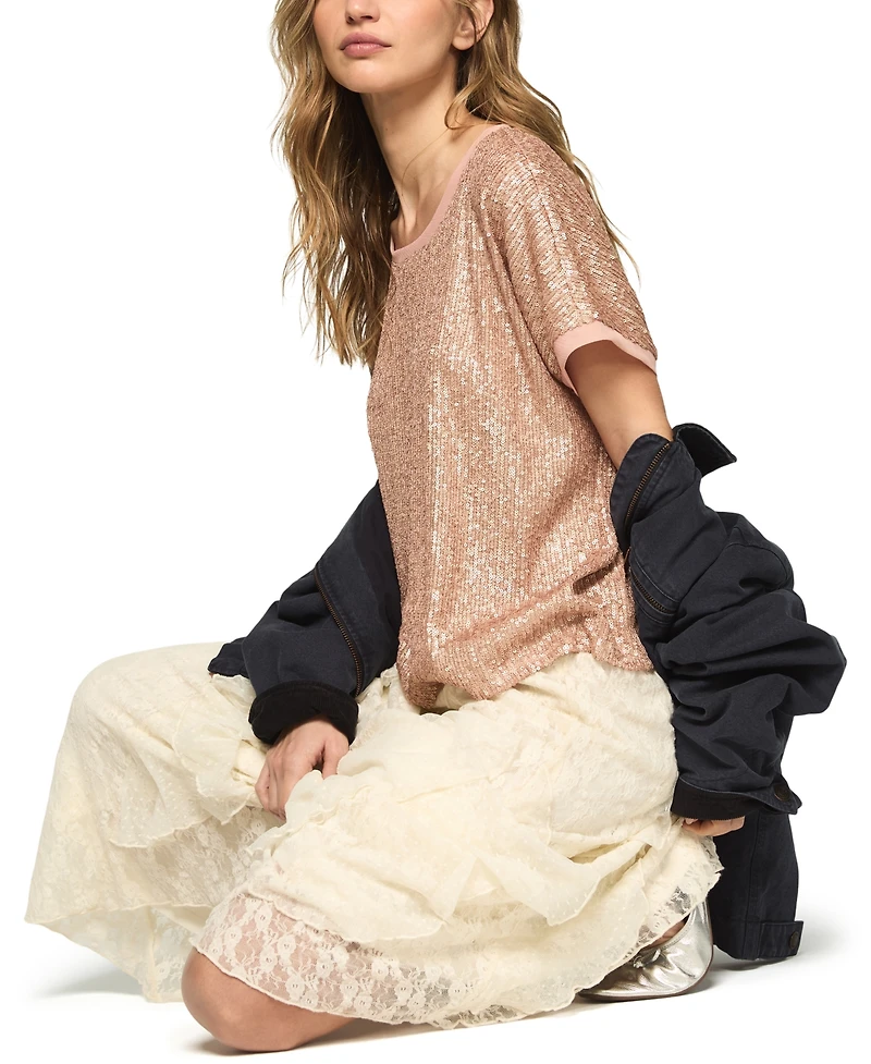 Lucky Brand Women's Sequin Short-Sleeve Top