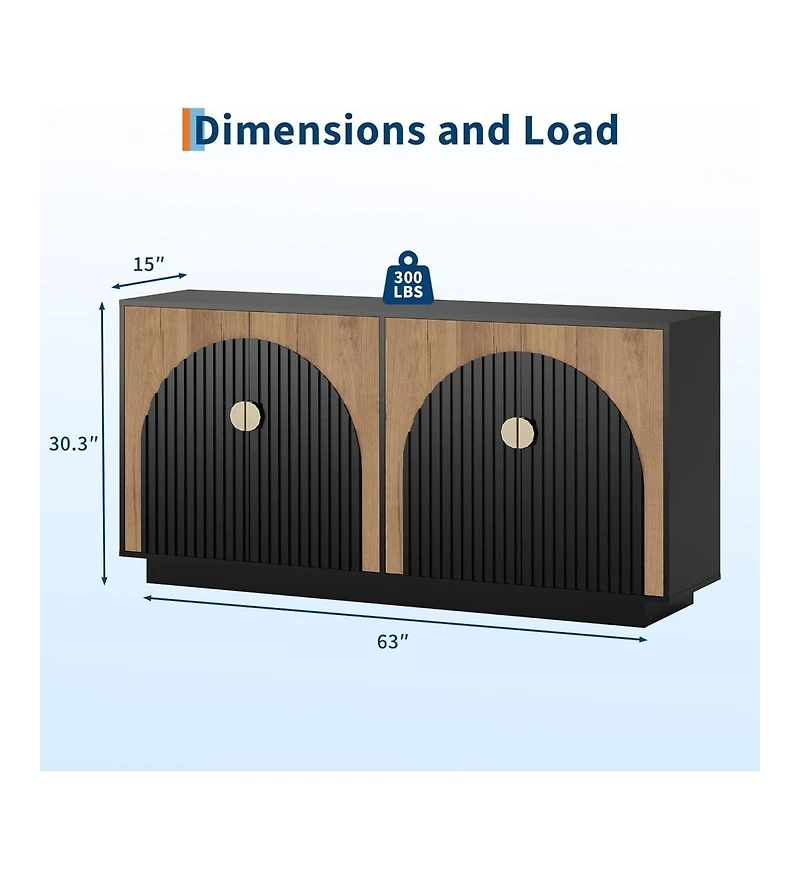 Gaomon 63in Large Sideboard Buffet Cabinet with Storage, Kitchen Fluted Coffee Bar Wine Bar Console Table with Gold Metal Handles