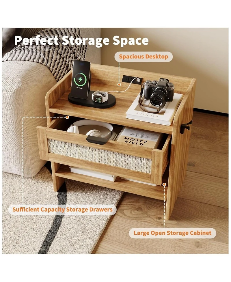 gaomon Rattan Nightstand Set of 2, Bedside Table with Type-c Charging Station - 1 Drawer & Open Storage Space, Boho End Side Table.