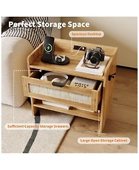 gaomon Rattan Nightstand Set of 2, Bedside Table with Type-c Charging Station - 1 Drawer & Open Storage Space, Boho End Side Table.