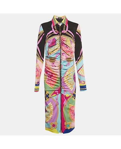 Pre-Owned Versace Women's Multicolor Ventagli Print Silk Zip Up Shirt Midi Dress