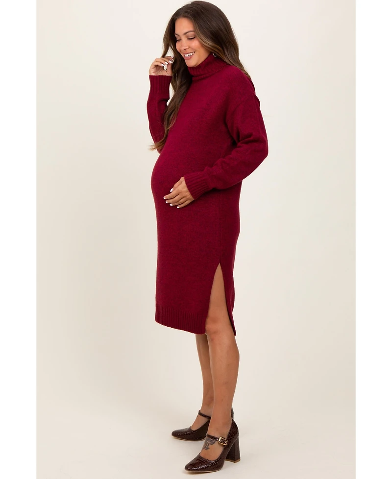 Pinkblush Maternity Camel Turtleneck Side Slit Midi Sweater Dress